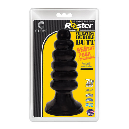 Rooster Vibrating Bubble Butt Ribbed Plug Black